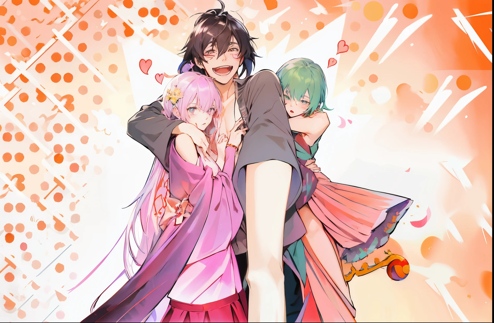 ((masutepiece:1.4, best quality)),((masutepiece, best quality)) anime couple hugging in front of a colorful background, Feliz!!!, Sasoura, inspirado em Okumura Masanobu, Koyoharu Gotouge, fanart oficial, Directed by: Jin Homura, Arte Zerochan, fanart de alta qualidade, Yandere, Mirai Nikki, anime em estilo fantasia, gapmoe Yandere, totalmente colorido, wizarding world, garoto com lindas garotas, garotas sexy, estilo anime, anime minimalista, muitos detalhes 8k, olhos chamativos, muitos detalhes olhos, rostos detalhados, garotas sexy