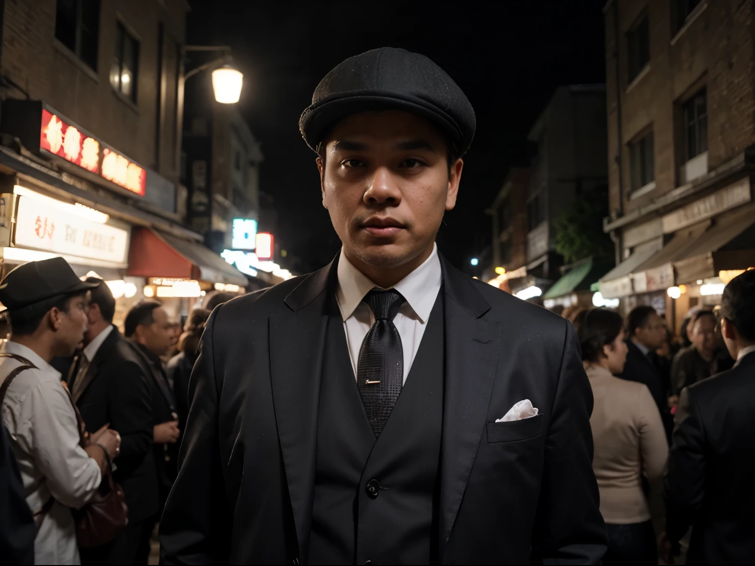 A well-dressed slightly fat malay gentleman with a suit and hat, exuding an aura of mystery and elegance, standing confidently in front of a dark and atmospheric night market, reminiscent of the iconic style of the Peaky Blinders. Close-up, 8K, RAW photo, Best quality, Masterpiece,Realistic, photo-realistic, no beard.