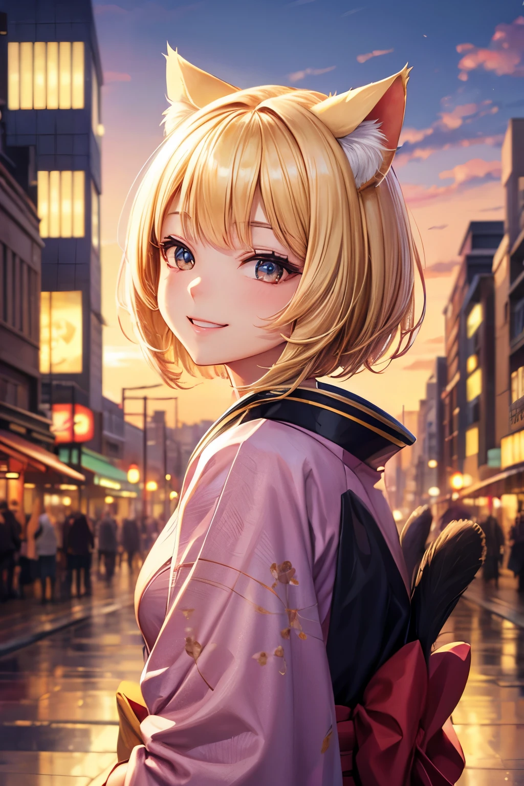 Top quality, high resolution, perfect human structure, background focus, front view, shiny hair, cat ears, blonde hair, short cut, kimono, city, happy smile, gradient eyes, swept bangs,