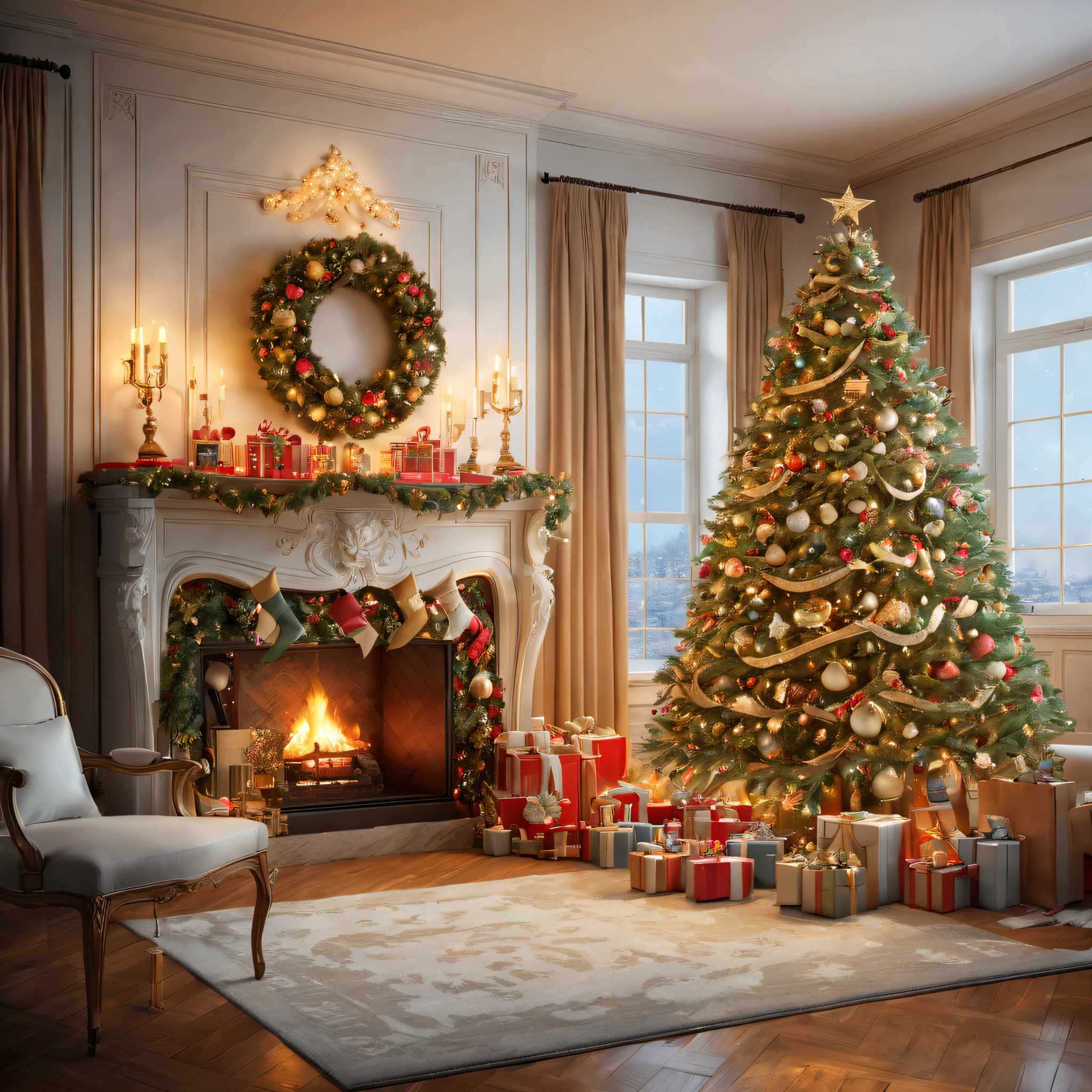 art by mooncryptowow, In a festively adorned living room, Night light, Fireplace, the warm glow of twinkling lights and the shimmer of tinsel create a merry and inviting atmosphere, The Christmas tree, resplendent with ornaments and garlands, stands as the centerpiece of the room, exuding a timeless charm, The scene captures the spirit of holiday cheer, evoking a sense of joy and togetherness, enhance, intricate, (masterpiece, Representative work, official art, Professional, unity 8k wallpaper:1.3)