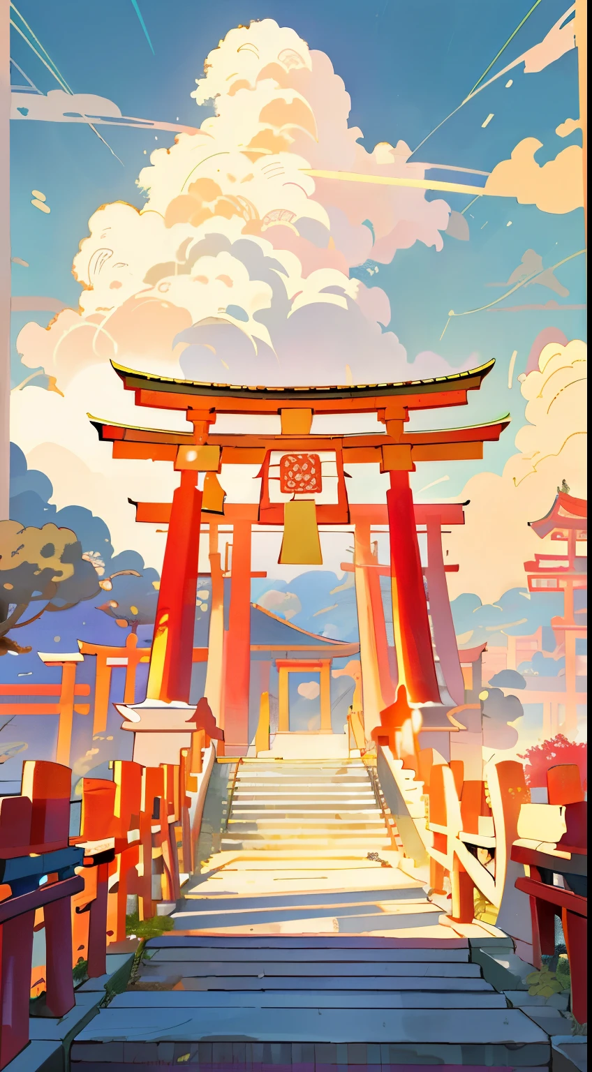 Landscape with sky background and sun gate, inspired by Torii Kiyomoto, Inspired by Seizo Torii, A beautiful artistic illustration, Popular topics on artstation pixiv, Inspired by Seizo Torii II, G Liulian art style, Japanese anime fantasy illustrations, digital painting of a pagoda, Anime landscape concept art