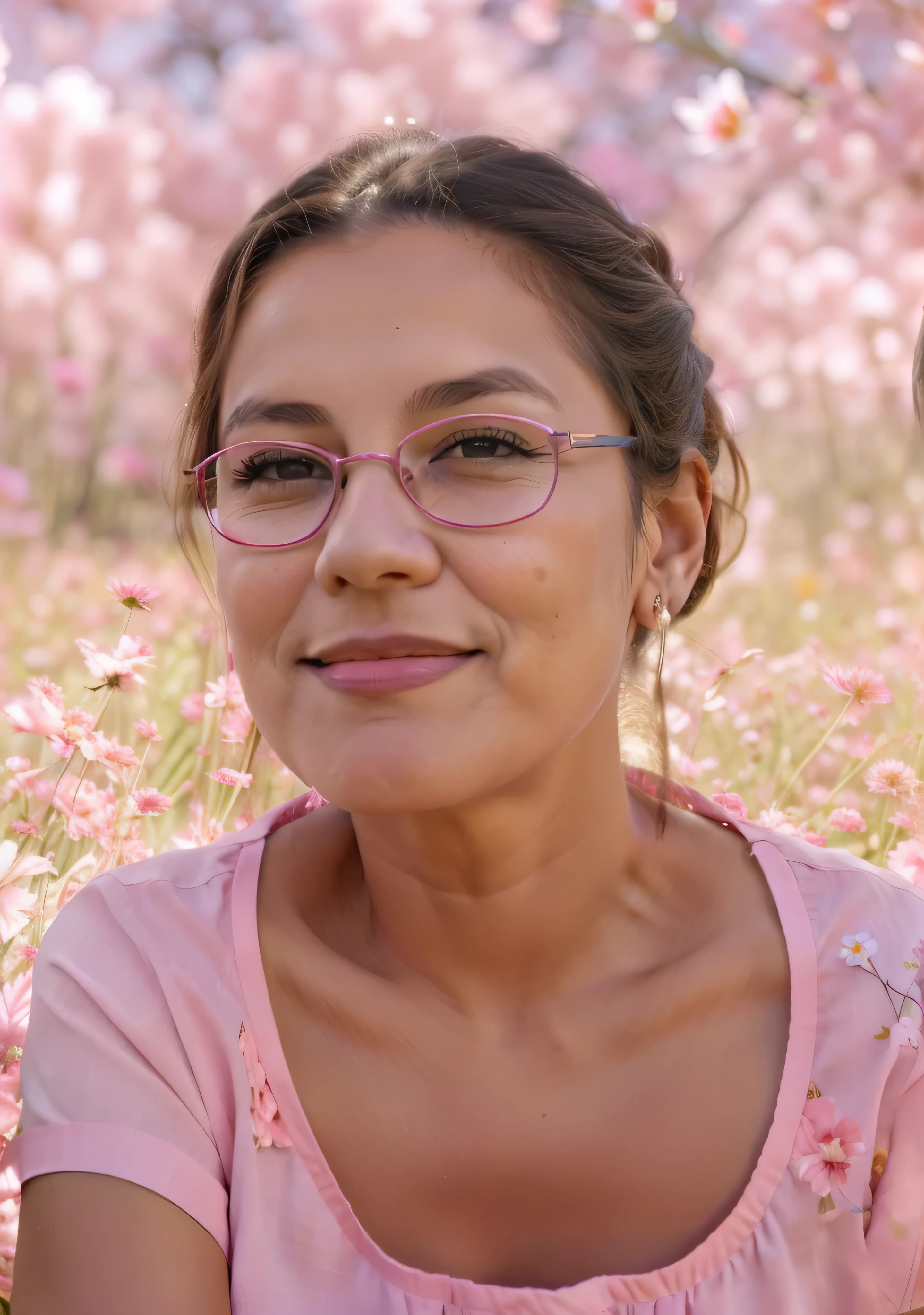 there is a old woman sitting in a field of flowers with a pink shirt, magda torres gurza, blanca alvarez, lorena avarez, pilar, pilar gogar, monserrat gudiol, fernanda suarez, alanis guillen, roxie vizcarra, valentina remenar, estefania villegas burgos