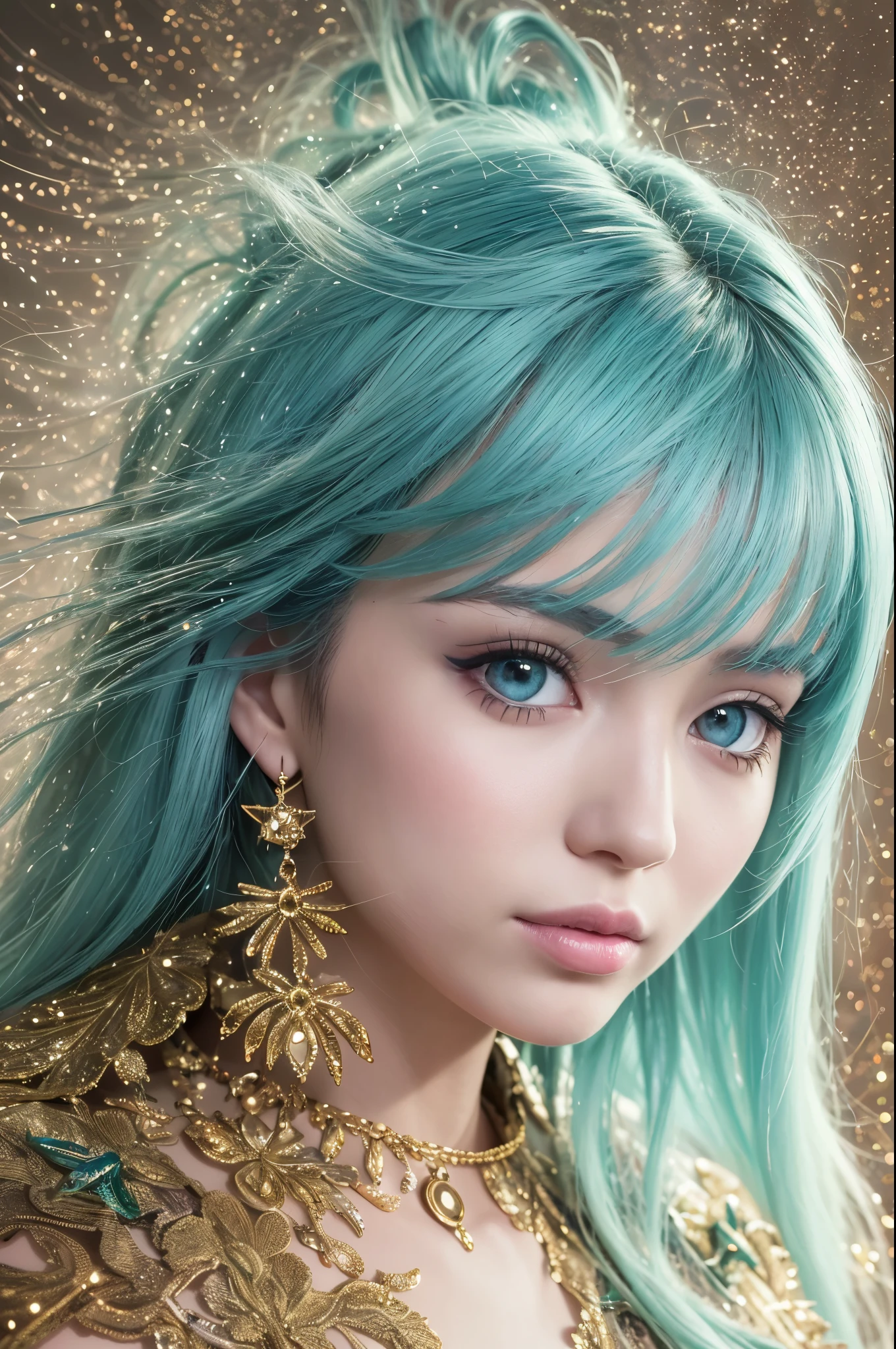 (best quality,4k,8k,highres,masterpiece:1.2),ultra-detailed,(realistic,photorealistic,photo-realistic:1.37),detailed eyes and face,longeyelashes,a girl with rainbow-colored hair and a detailed teal dress adorned with armor,an elaborate pose,a background of rainbow-colored nebulae and galaxies,twinkling stars, intricate details,a perfect face