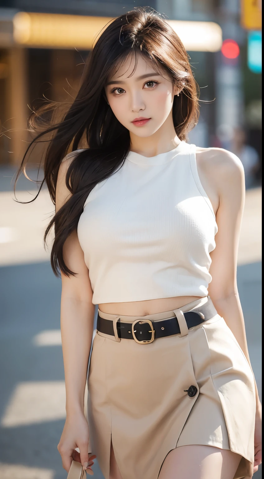Goddess woman, cowboy shot, bokeh, seductive look, black sleeveless shirt, beige choir skirt white belt