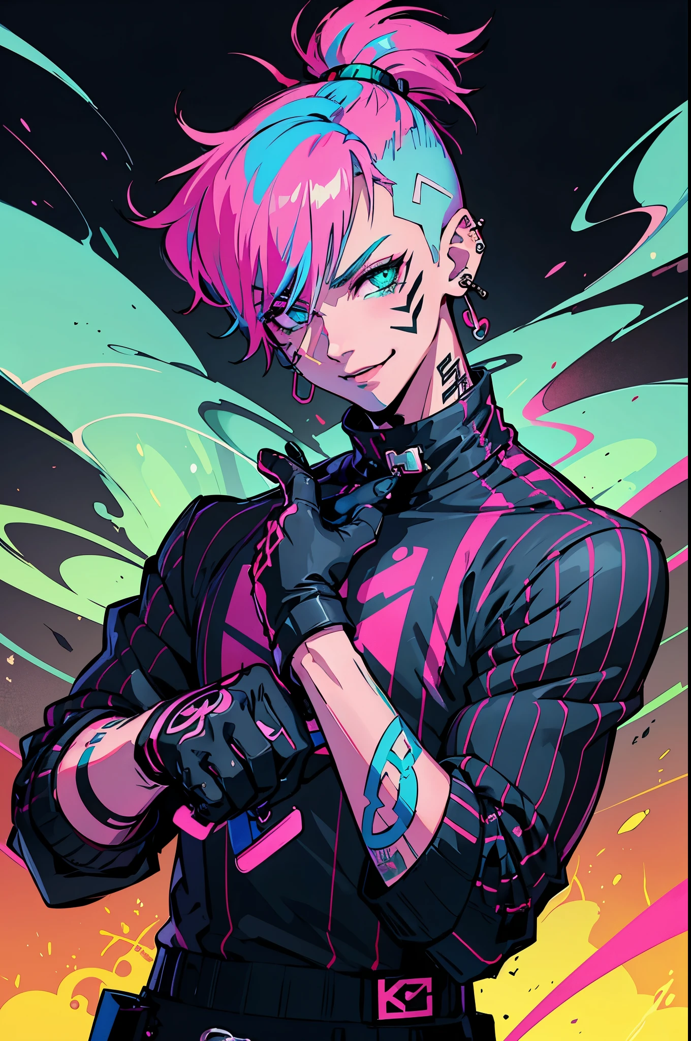 kpop boy with rizz smile face, sweet but bad ass, fade cut haircut, black gloves,neon cyan pink hair, tattoos on hands and neck, piercing, black mixed green striped sweater, cool badass pose, smoke background, colorful smoke background