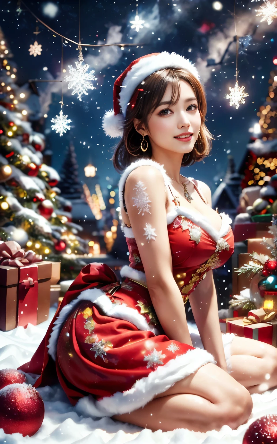 /*quality authors'a masterpiece of),(Best Quality),(Super Quality),(hyperdetailed lips),(Ultra detailed eyes),(super detailed skin),(Perfect Anatomy),(16k portrait),(hyperdetailed face), (Super thin hair and realistic eyes),(Super perfect plump huge breasts),(perfect big ass),(Ultra-flawless skin),(hight resolution),(Illustration),(Photorealistic high-definition CG),(Official art),(production art),(novel illustration),(by famous artist),(Caustics),(textile shading),(super detailed skin),(Cinematic lighting),(Dynamic lighting),BREAK
/*A girl with a beautiful personality and expression.:1.3), Asian Girl, 1 girl, Light on Face, 18 years old, (((Very sweet smile))), (Short Cut Hairstyle)/*BREAK
/*garments*/
(gorgeous santa claus costume:1.1), See-through, Fluffy ruffles, (shades of white and red:1.1), (Extravagant ruffles and lace:1.2), (voluminous skirt:1.3), (Emphasized sufficient cleavage:1.1), (The most gorgeous necklaces in the world), (The most gorgeous earrings in the world)
BREAK
/*Pose*/
((Catherine Langford)), ((Squatting)),
/*Angular posture*/ ((Christmas tree) ,(snow blowing),snow mountains,Looking at Viewer