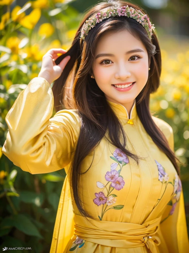 traditional clothes ,golden yellow ao dai, ao dai, vietnamese girl, vietnam, vietnamese, satin, pretty girl, wide smile , long hair, Realistic lighting, delicate face, cute expression, Body perfect anatomy,Top Quality, 8K Resolution , full body , realistic , real human , High quality, shiny ao dai  , realistic , Cinematic, Aesthetic, detailed and beautiful face and eyes,beautiful woman, floral patterns, flower design, flower pattern