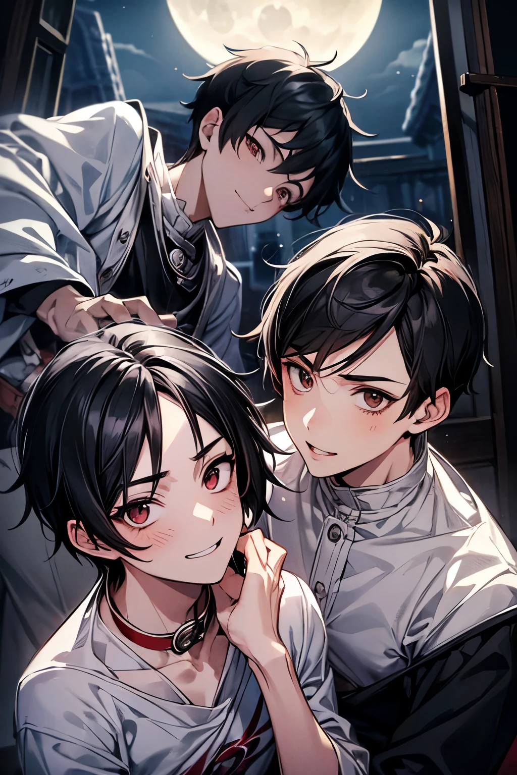 (masutepiece), (Best Quality), Highly detailed, Two boys, focus，Shooting from below，Perfect face, Beautiful face, extra detailed face，(Black hair:1.3)，(happily face:1.4)，(moonlight:1.3)，(natta:1.3)，(laught:1.3)