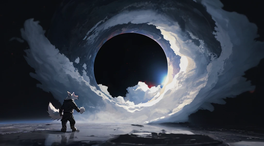 (The ultimate death wolf), solo, walking, black monk clothes, serious face, closed mouth, full body, volumetric lighting, detailed eyes, red eyes, bright pupils, front view, black hole, clouds on sky, best quality, high quality, 3d, dreamworks style, dark theme