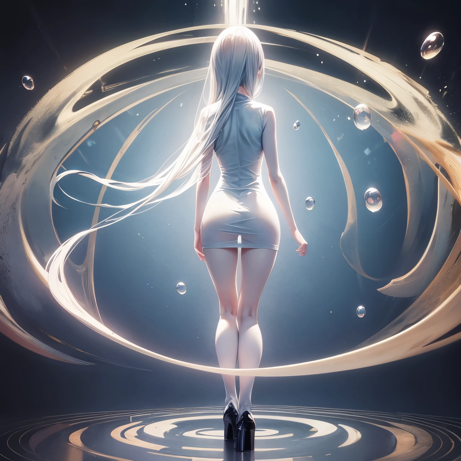 Full body, Facing away from pov, slender figure, bubble butt, transparent minidress, pale skin, standing