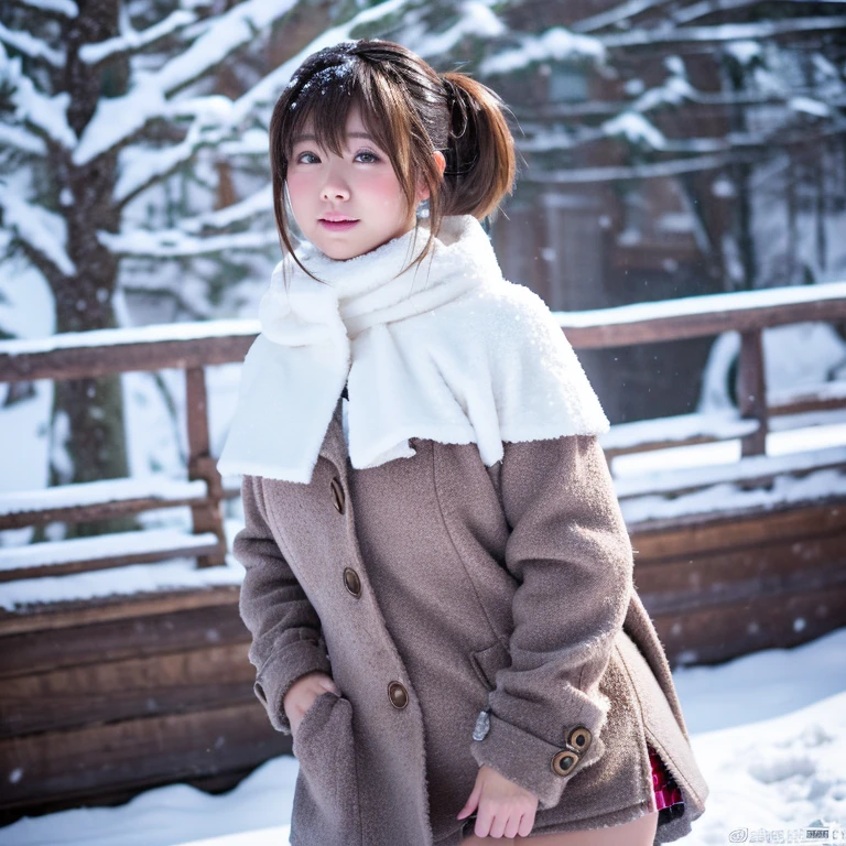 ultra-detailliert、Raw photo、8k、Clothes: coat and miniskirt、underpants、snowscape、Blushing cheeks、poneyTail、huge tit、full bodyesbian