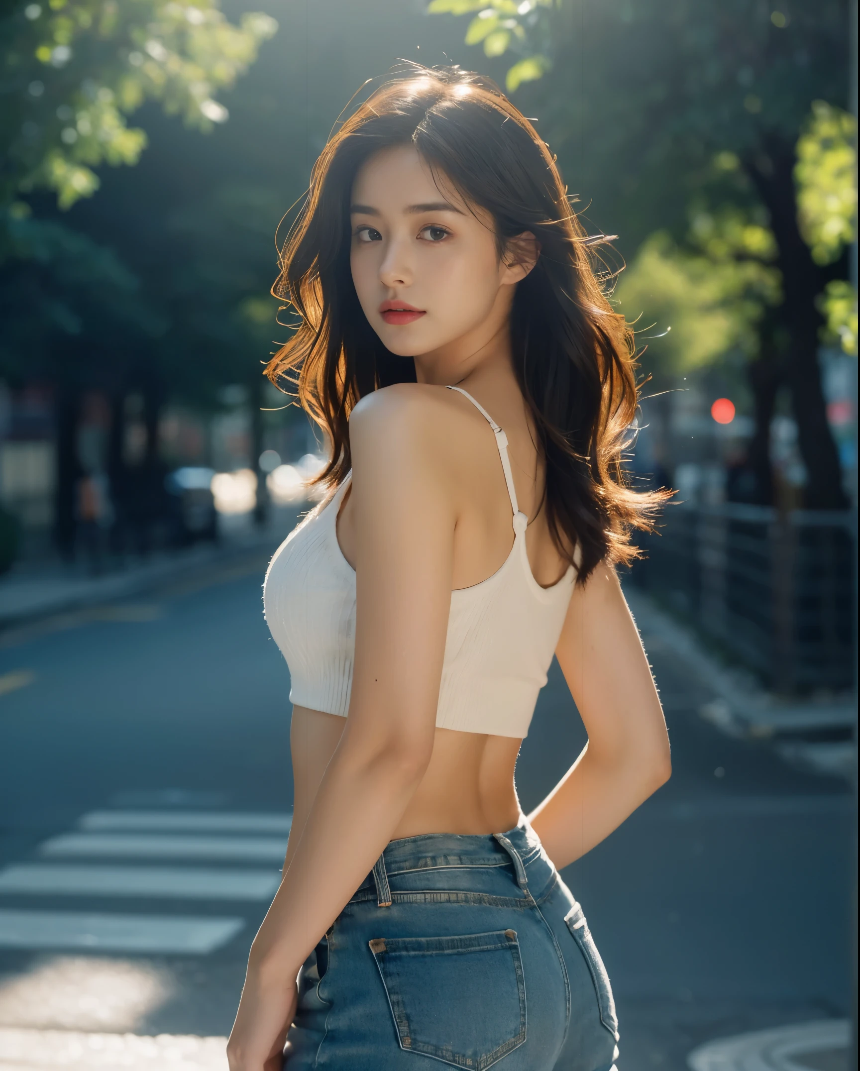 ((medium chest, long hair, small head)), daylight, sunlight, (well-defined abs: 1.1), (perfect body: 1.1), (short wavy hair: 1.2), russet hair, collar, chain, full body photo, shabby street, wearing a black tank top, denim jacket, ((shorttremely detailed CG 8k wallpaper), (extremely delicate and beautiful), (masterpiece), (Best Quality: 1.0), (Ultra Resolution: 1.0), Beautiful Lighting, Perfect Lightning, Realistic Shadows, [High Resolution], Detailed Skins, Ultra Detailed, from behind, looking at viewer
