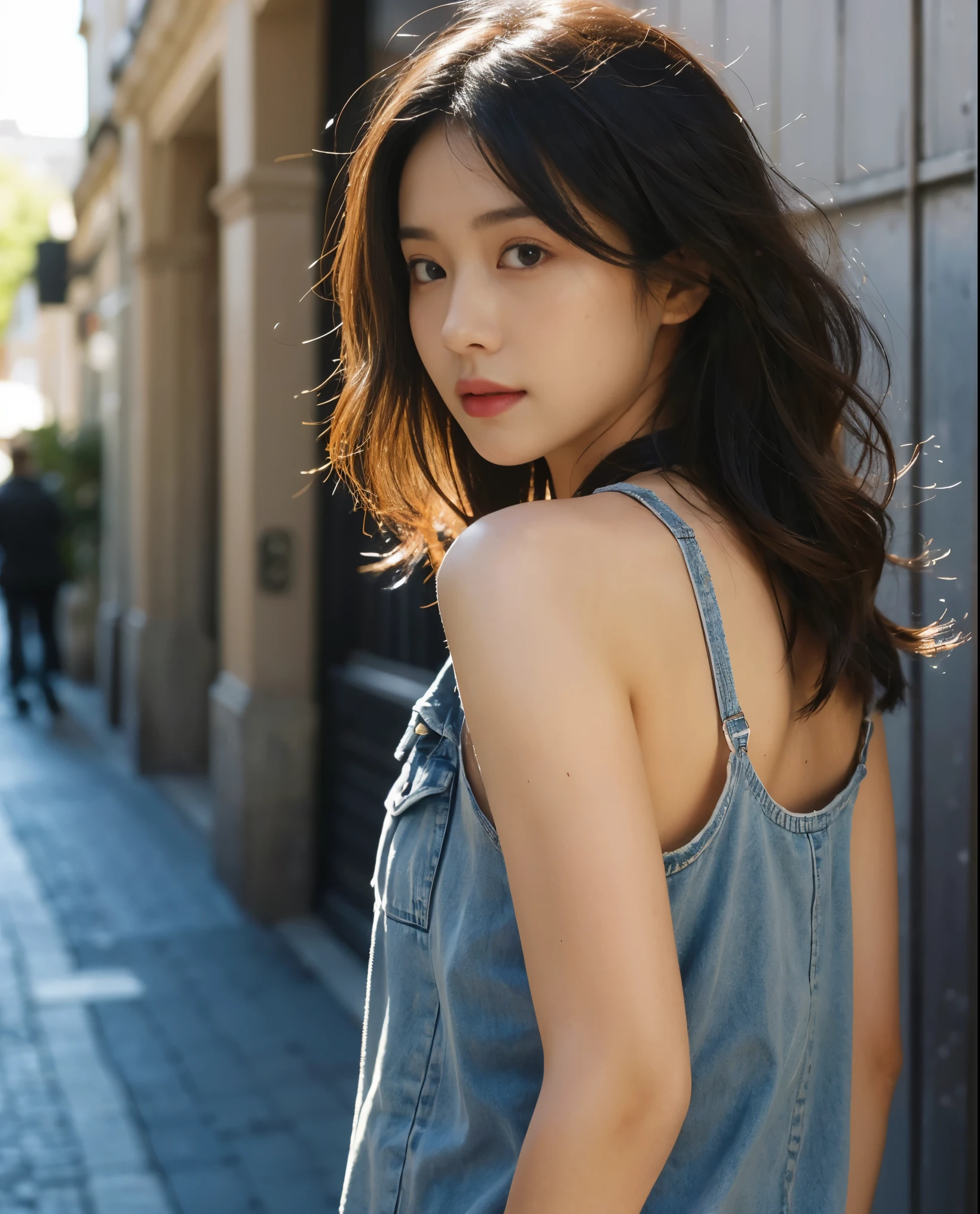 ((medium chest, long hair, small head)), daylight, sunlight, (well-defined abs: 1.1), (perfect body: 1.1), (short wavy hair: 1.2), russet hair, collar, chain, full body photo, shabby street, wearing a black tank top, denim jacket, ((shorttremely detailed CG 8k wallpaper), (extremely delicate and beautiful), (masterpiece), (Best Quality: 1.0), (Ultra Resolution: 1.0), Beautiful Lighting, Perfect Lightning, Realistic Shadows, [High Resolution], Detailed Skins, Ultra Detailed, from behind, looking at viewer