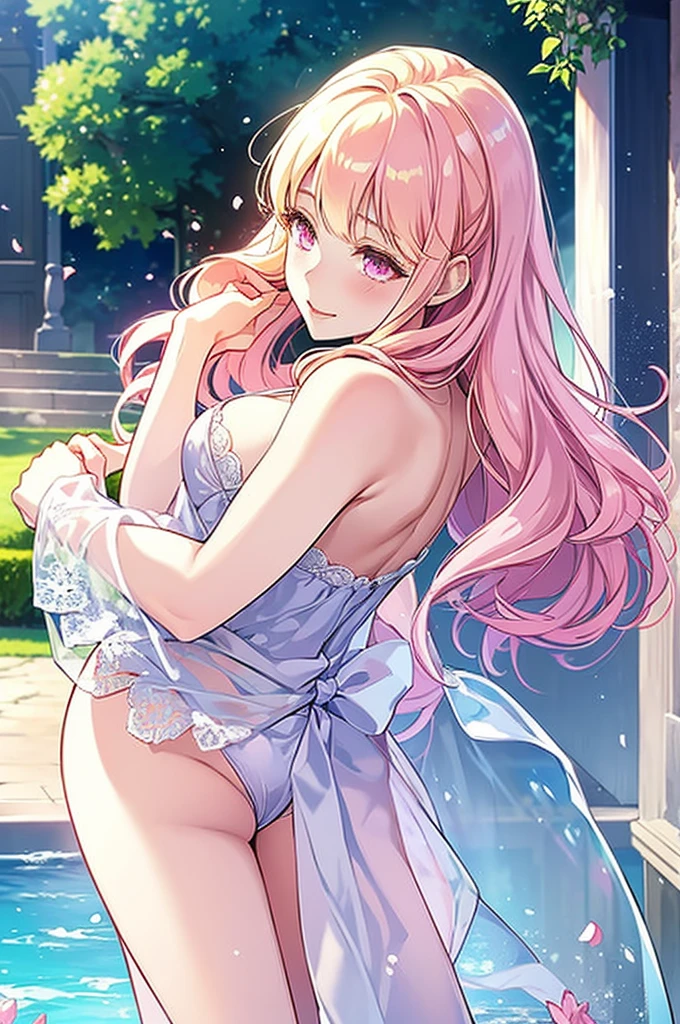 kiss、a couple、Lovers、Romance、Overflowing、Full body painting、Fluttering chest、Sheer lace underwear、Underwear to take off、teats、teatsが透ける、ピンクteats、pink areolae、clit、Inter-strands、a coupleポーズ, Engaging pose, kissing together cutely, passionate pose, 素敵なa couple, 1 male,(blonde hair, Gold eyes、tall、190 cm、manly、Handsome man、Beautiful shape、Best style、Beautiful prince,Strong body、Sexy costumes、tall、Wet gowns、Open chest、flowing)、1 female(Pink hair,stright long hair、Pink eyes、cute large eyes,優しいA smile、Flowers in the hair、小柄、huge tit、Best style、Perfect Style、rise)、Put your arms around your waist、hug、Grabbing the waist、araffe woman in a white lingerie posing for a picture, lingeries beauty, wearing sexy lingerie, , translucent dress, Translucent body, iridescent shiny sheer lingerie, sexy dress, wavy lingeries, smooth translucent white skin, lingerie, beautiful sexy woman photo, Sexy style, Lovely woman, Transparent dress, Open V chest clothes, young graceful、The fountain、splash water、izumi, sunny day in a park, bright sunny day、bright sunny summer day,blue-sky、shine、kirakira、Sparkling lake、Crystal clear water、Bright sunshine、colorful flower、Surrounded by flowers、Closely attached、A smile、A slight smil、Gentle eyes