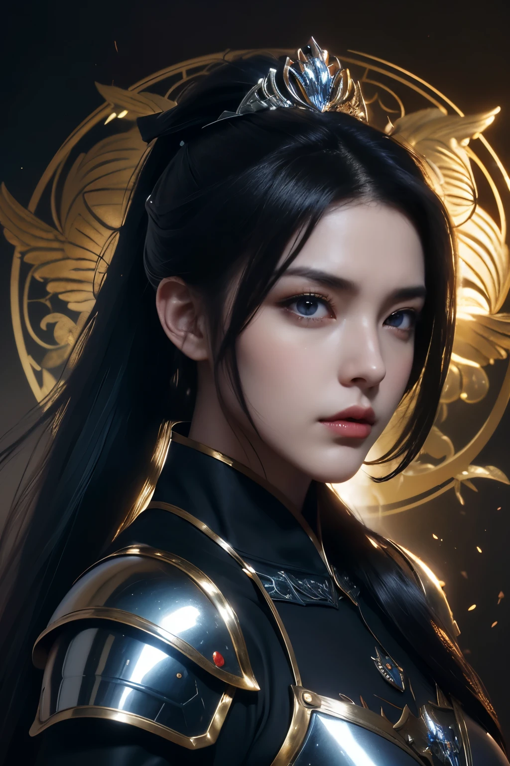 tmasterpiece,Best quality,A high resolution,8K,((Portrait)),(Head close-up),Original photo,real photo,digital photography,(Medieval fantasy style female fighting angel),(The Angel of Fantasy),20岁女孩,((Black hair in a ponytail)),((The eyes are red,The eye of the devil), jewelry,Keep your mouth shut,Beautiful Elegant,((Frown, get angry)),haughty,Noble and charming,(A fantasy combat suit,Cool Battle Armor,The magnificent armor of a knight,Metallic luster,A delicate badge of magic),(The Devil's Body),Crown,Angel halo,(Power angel),Photo pose,medieval characterantasy style,the night,starryskybackground,oc render reflection texture