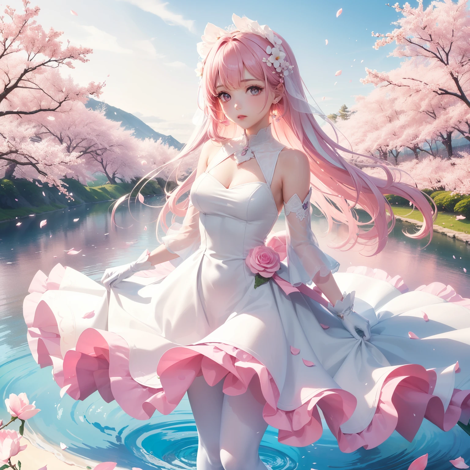 pink hair,1 girl,((light pink and white dress)),((light pink dress)),pink eyes,((white tights)),((hair ornaments)),((pink flowers dress ornamentull body),look at the viewer,((dress ornament)),hair flower
((((masterpiece)))),((best quality)),((pink sky)),(pink theme),pink bows,
((ultra detaillush),(pink background),((pink bands)),
(((light pink high hells))),(light pink flowers hair ornameng),((cherry_blossoms)),(pink cloud),solo,
(light pink flower),cloudy sky,(((white long gloves))),dawn,
water,lake,medium breasts, (long_hair),(layered_dress),wading,pink rose,pink flower earrings,
expressionless,(((white glvoes))),(pink_rose petalalling petals,((detached sleeves)),
petals, {petals on liquid}