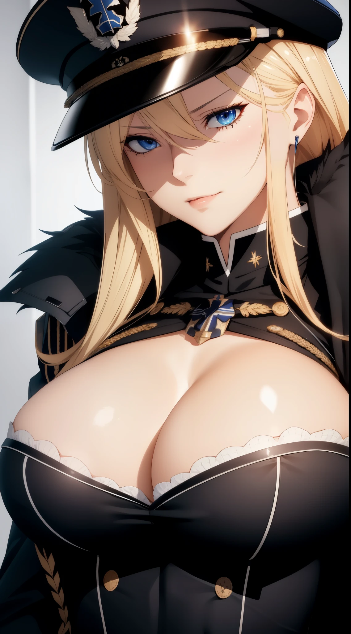 Bismarck from azur lane, elegant, adult woman, blonde hair, blue eyes, big breast, cleavage, black military uniform, military hat, extremely detail 8k cg, high resolution, shine.