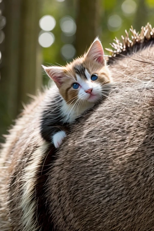 A kitten，adolable，hedgehog-like spines，at a forest，facial close-up，depth of fields