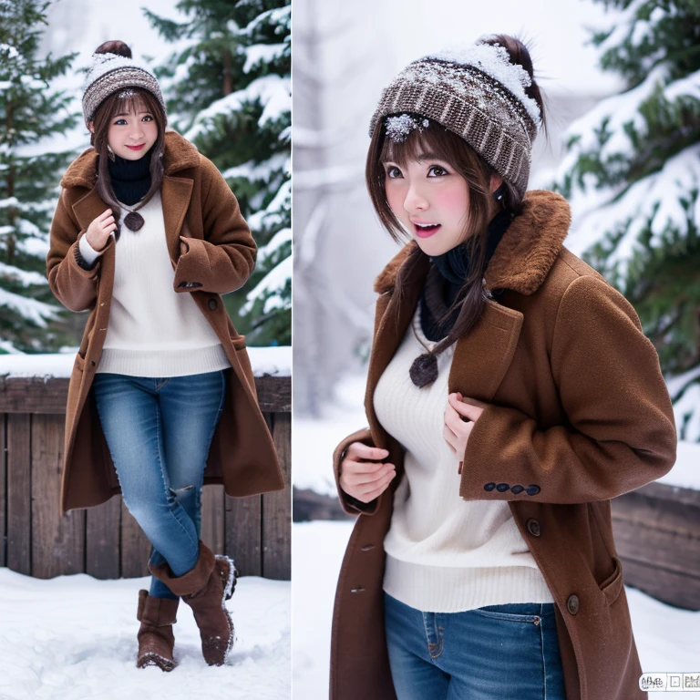 ultra-detailliert、Raw photo、8k、Clothes: coat and miniskirt、pantiy、snowscape、Blushing cheeks、poneyTail、huge tit、full bodyesbian