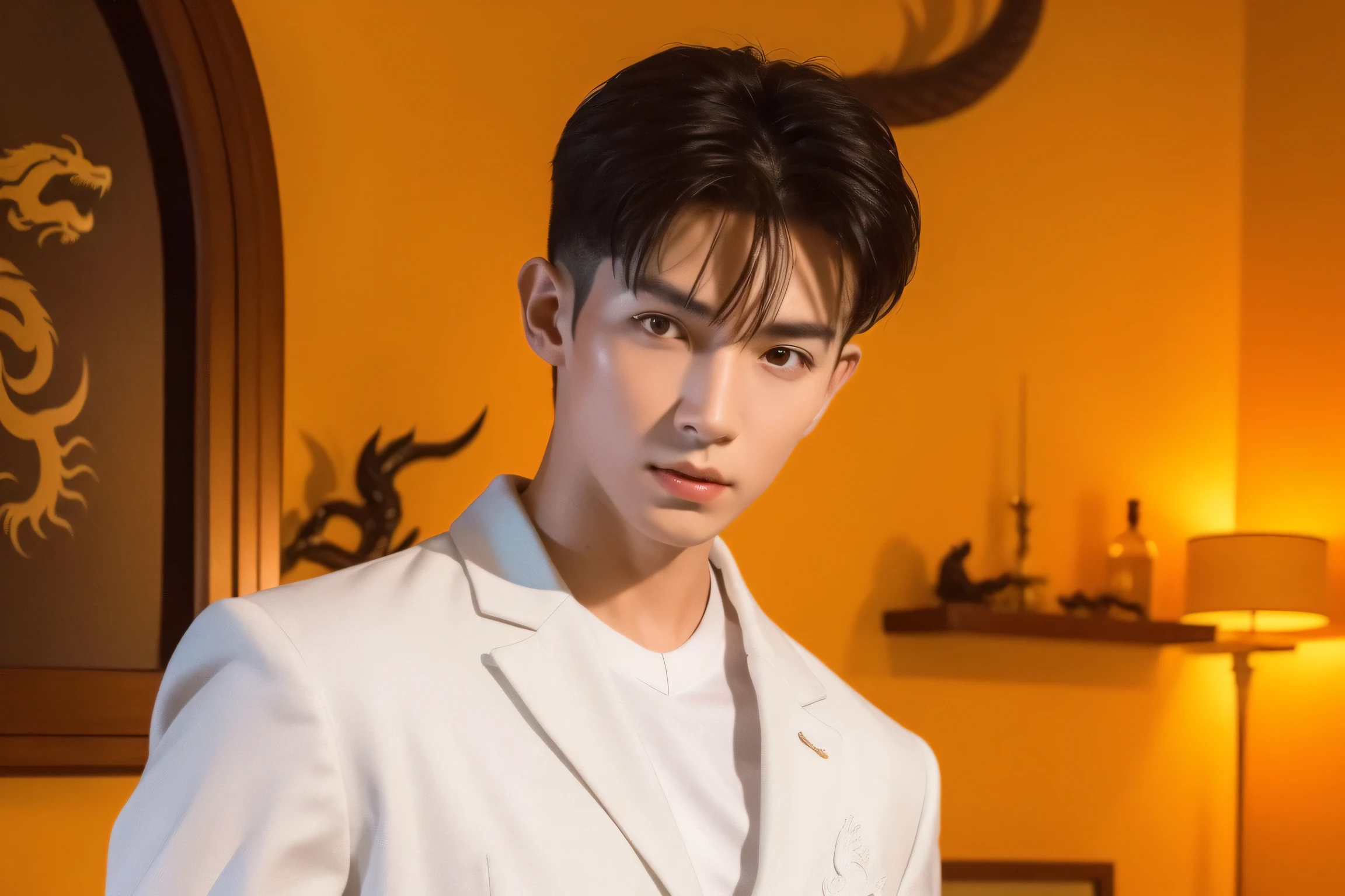 Smoky white dragon combined with a handsome guy, Asian dragon, ancient Chinese background, ar 3:2,8k, hype realicstic, White Asian dragon wrapped around the boy's body, background, 8k image quality, hype realicstic, handsome baby, dragon cute, Chinese ancient background,golden dragon
