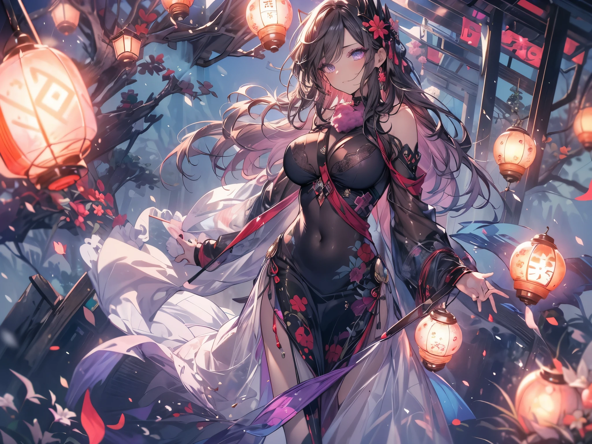 (overhead view), mature anime woman illustration, 1girl, (masterpiece, best quality, ultra-detailed), sharp focus, detailed face, face focus, extremely detailed eyes, long hair with hair between eyes, curly hair, brown hair with light purple eyes, (purple eyeshadow and glowing eyes:1.3), long eyelashes, (frown), delicate makeup, big breasts ((bare shoulders, chiffon dress with white and black fabric and red accents)), ((walking, blizzard, lantern festival, peace blossom backdrop, snow, breeze)), upper body, cinematic lighting, rim lightning, ray tracing, shadowing, dynamic angle