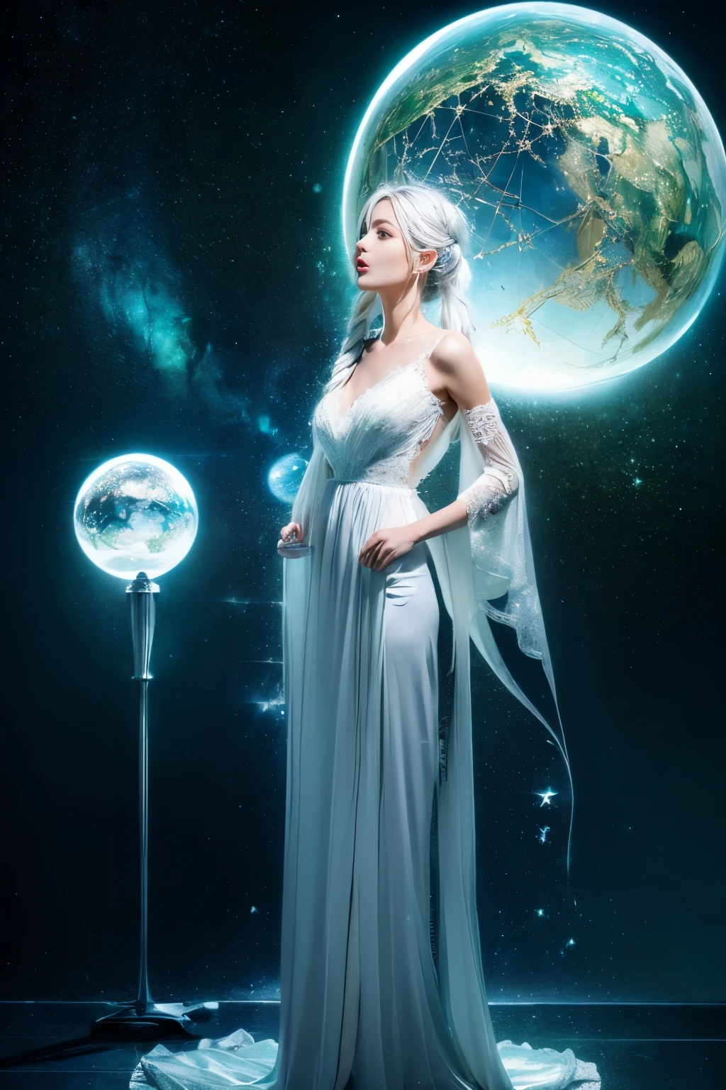 (((green, silver, glimmer)), limited palette, contrast, phenomenal aesthetic, best quality, sumptuous artwork, (masterpiece), (best quality), (ultra-detailed),(((illustration))), ((an extremely delicate and beautiful)),(detailed light),1girl,cold theme, broken glass, broken wall,((an array of stars)),((starry sky)),the Milky Way,star,Reflecting the starry water surface,(1girl:1.3)aqua theme,white hair,blinking,white dress,closed mouth,constel lation,flat color,noline art,full Glass sphere,girl inside glass sphere,white hair,braid,blinking,white robe,bust \(sculpture\),barefoot,float,closed mouth,constel lation,flat color,holding,holding wand,looking up,standing,male focus,medium hair,standing,solo,space,universe,utaite(singer),Nebula,many stars,,