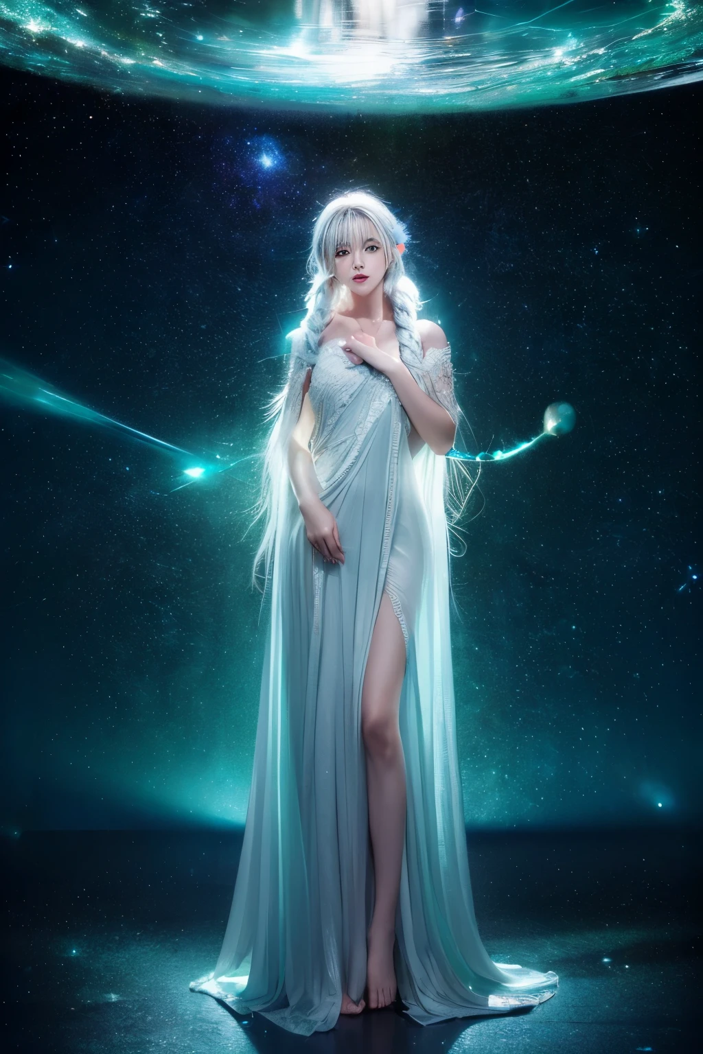 (((green, silver, glimmer)), limited palette, contrast, phenomenal aesthetic, best quality, sumptuous artwork, (masterpiece), (best quality), (ultra-detailed),(((illustration))), ((an extremely delicate and beautiful)),(detailed light),1girl,cold theme, broken glass, broken wall,((an array of stars)),((starry sky)),the Milky Way,star,Reflecting the starry water surface,(1girl:1.3)aqua theme,white hair,blinking,white dress,closed mouth,constel lation,flat color,noline art,full Glass sphere,girl inside glass sphere,white hair,braid,blinking,white robe,bust \(sculpture\),barefoot,float,closed mouth,constel lation,flat color,holding,holding wand,looking up,standing,male focus,medium hair,standing,solo,space,universe,utaite(singer),Nebula,many stars,,