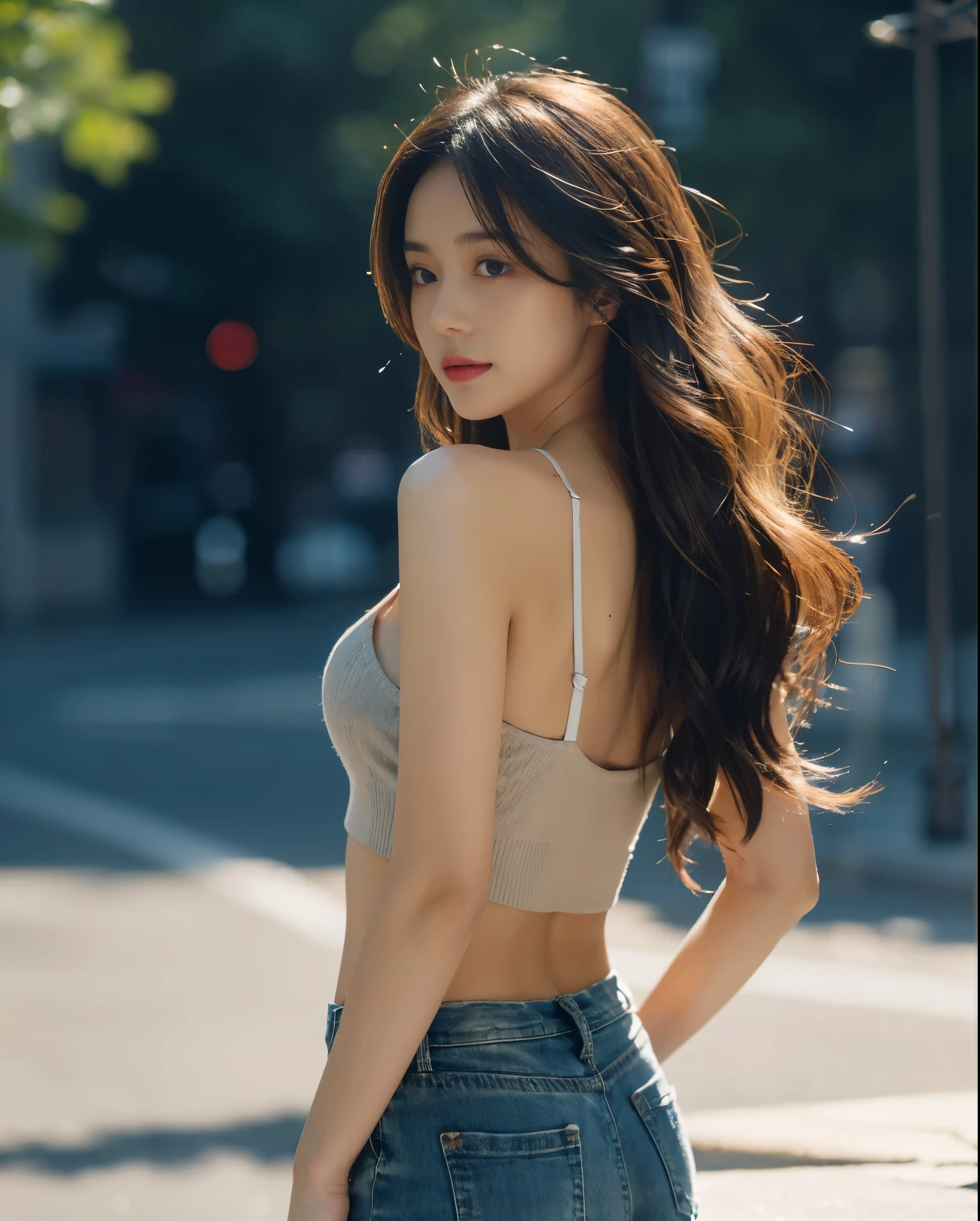 ((medium chest, long hair, small head)), daylight, sunlight, (well-defined abs: 1.1), (perfect body: 1.1), (short wavy hair: 1.2), russet hair, collar, chain, full body photo, shabby street, wearing a black tank top, denim jacket, ((shorttremely detailed CG 8k wallpaper), (extremely delicate and beautiful), (masterpiece), (Best Quality: 1.0), (Ultra Resolution: 1.0), Beautiful Lighting, Perfect Lightning, Realistic Shadows, [High Resolution], Detailed Skins, Ultra Detailed, from behind, looking at viewer