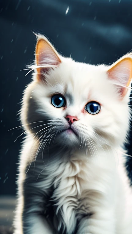 White colored cat puppy wearing raincoat, stormy weather, with cinematic lighting and ultra realistic details, realistic photo, cinematic photography, incredibly detailed, film lighting