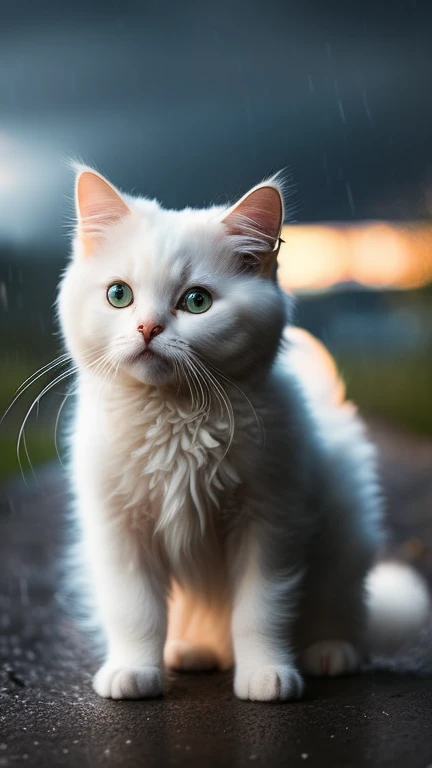 White colored cat puppy wearing raincoat, stormy weather, with cinematic lighting and ultra realistic details, realistic photo, cinematic photography, incredibly detailed, film lighting