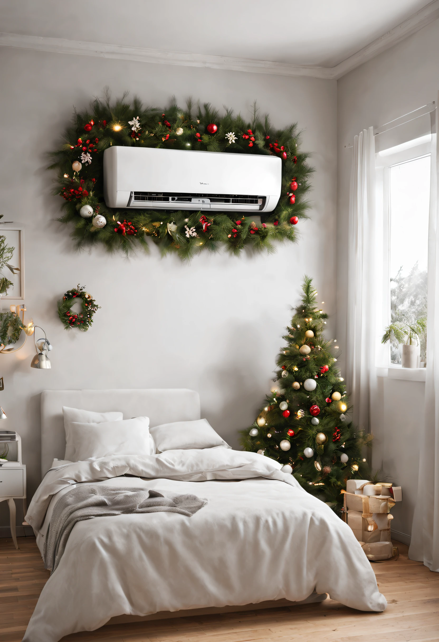 Aparelho de Ar- Condicionado, instalado na parede de uma casa decorada com efeites de Natal. Desse ar condicionado, quero que saiam pequenos flocos de Neve. Preciso que a imagem mostre o ambiente da casa, However, highlight the air conditioning unit installed on the wall.