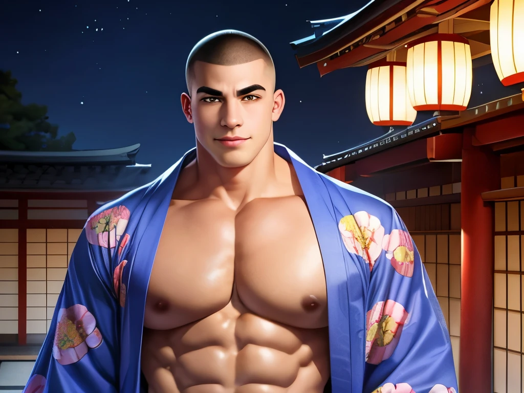 (top-quality:1.1), (masterpiece:1.1), (crew cut:1.2), (macho:1.2), (Huge body:1.3), sharp eye, tthin eyebrows, Yukata, Smooth skin, a smile, Summer festival venue at night, (japanes:1.1), 18year old