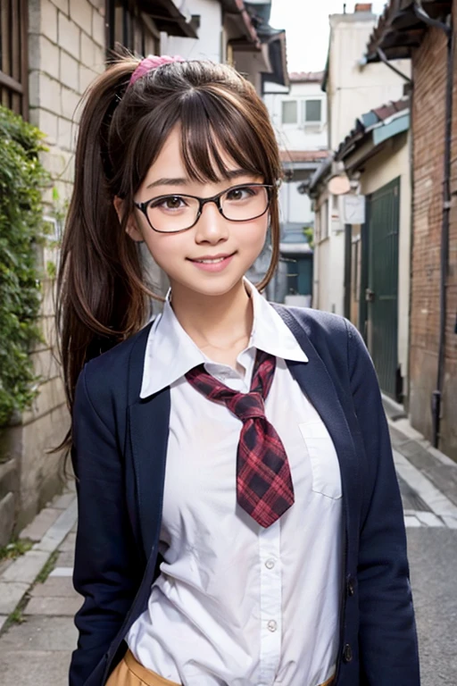 extremely detailed 3DCG 8K wallpaper, (highest quality, masterpiece, ultra high res:1.1), best aesthetic, raw photo, ((photorealistic:1.1)), UHD, ((correct :1.5)), pov, 1 girl, Japanese teen, 14 years old, solo, (from front view, upper body:1.5), looking at viewer, (brown hair, ponytail:1.3), highly detailed skin, fairly detailed face, (glasses:1.4), (light smile:1.5), (skinny:1.1), (medium breast:1.4), ((school uniform:1.5)), outdoor, morning, Japanese town, alley, walking down the alley