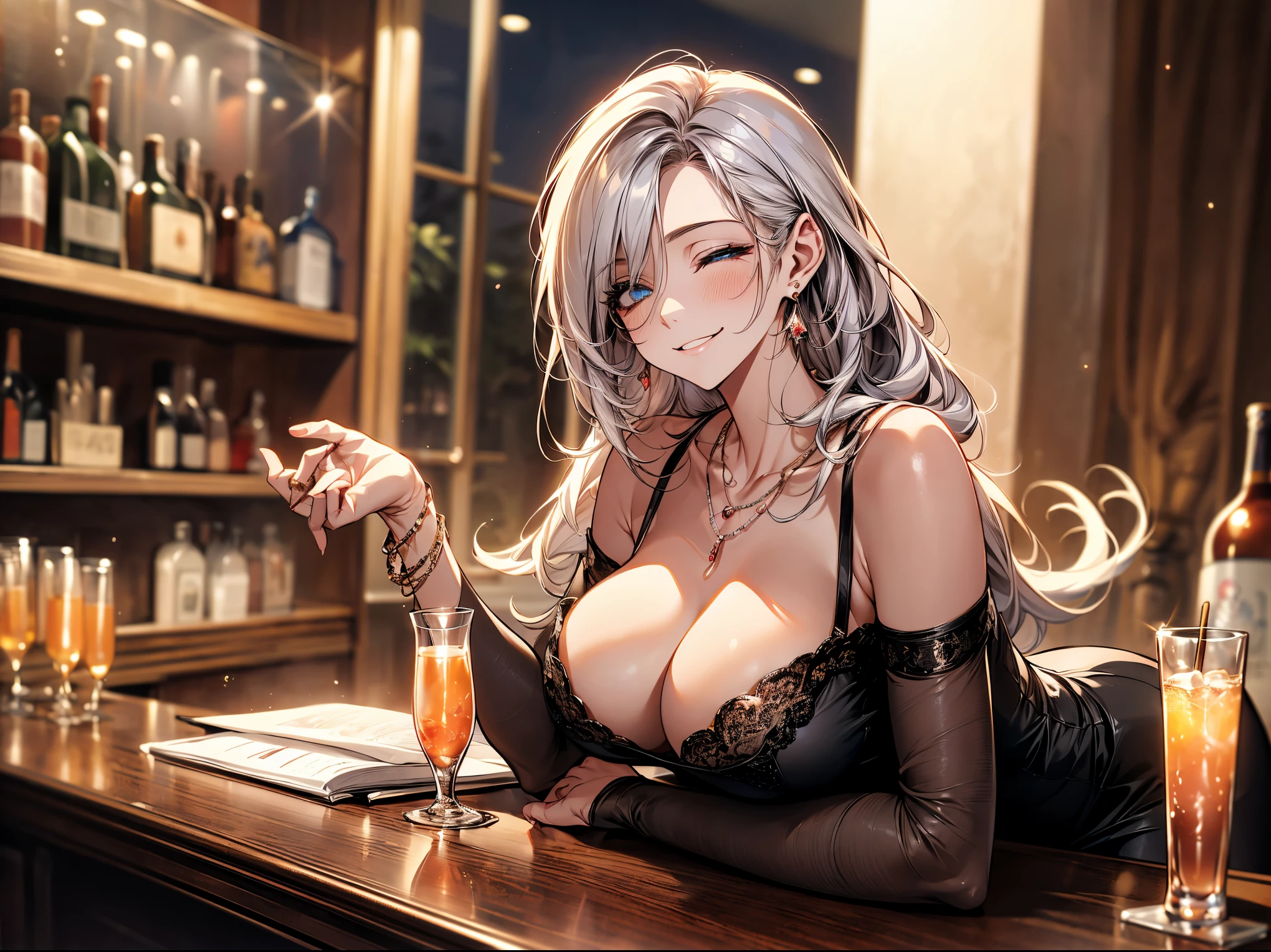 (masterpiece, best quality:1.2), (high resolution, 8K RAW photo, photo realistics, clear focus, weak outline:1.3), (cinematic lighting, moody image atmosphere, textile shading), pov, (solo:1.5), 1 matured woman, 24 years old, (milf:1.5), ((nfsw:1.5, fuge breast:1.3, sagging breast, big tits, breast cleavage, harass sexually, in heat, presenting)), ((sparkling beautiful eyes with highlight:1.3)), (sitting a stool in night BAR counter, lying face down on the counter with putting arms on the counter top, looking at viewers, holding a cocktail glass), raised sexy, (soft happy smile with closing eyes:1.3), light purple line on silver hair, medium long hair, hair over one eye, asymmetric hair, half updo hair, blue eyes, wearing black sexy party dresses, long pencil skirt with side slit, wearing see-through shawl around your upper arms, (Luxury detailed accessories, necklace, earrings, Bracelets), bokeh, dynamic angle, upper body:1.2, close-up face:1.5, face focus, from side:1.2, (correct anatomy:1.6, ideal ratio of body proportions, correct hand:1.5, small hands), in a night,