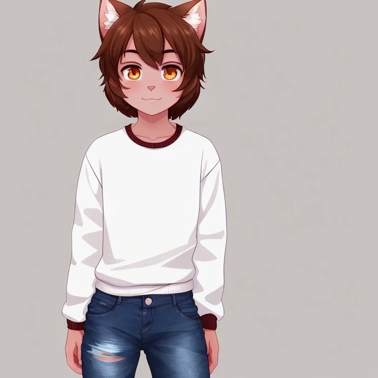 Portrait of a cute teenager, kitten, On White Background, quite visible outline, cherry colored wool, Brown hair, hands on thighs, blue t-shirt, torn pants with a little wool coming out of the holes, white unbuttoned sweater, White Sneakers, orange eyes, guy, 