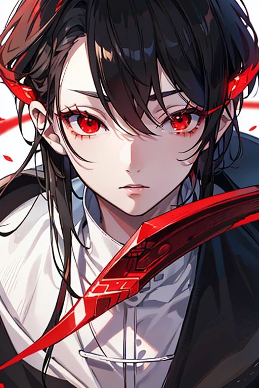(masutepiece), (Best Quality), Highly detailed, 1 boy, Solo Focus, Perfect face, Beautiful face, extra detailed face,(A dark-haired:1.3),(red eyes glowing:1.4),black suits,(White eyelashes:1.4)