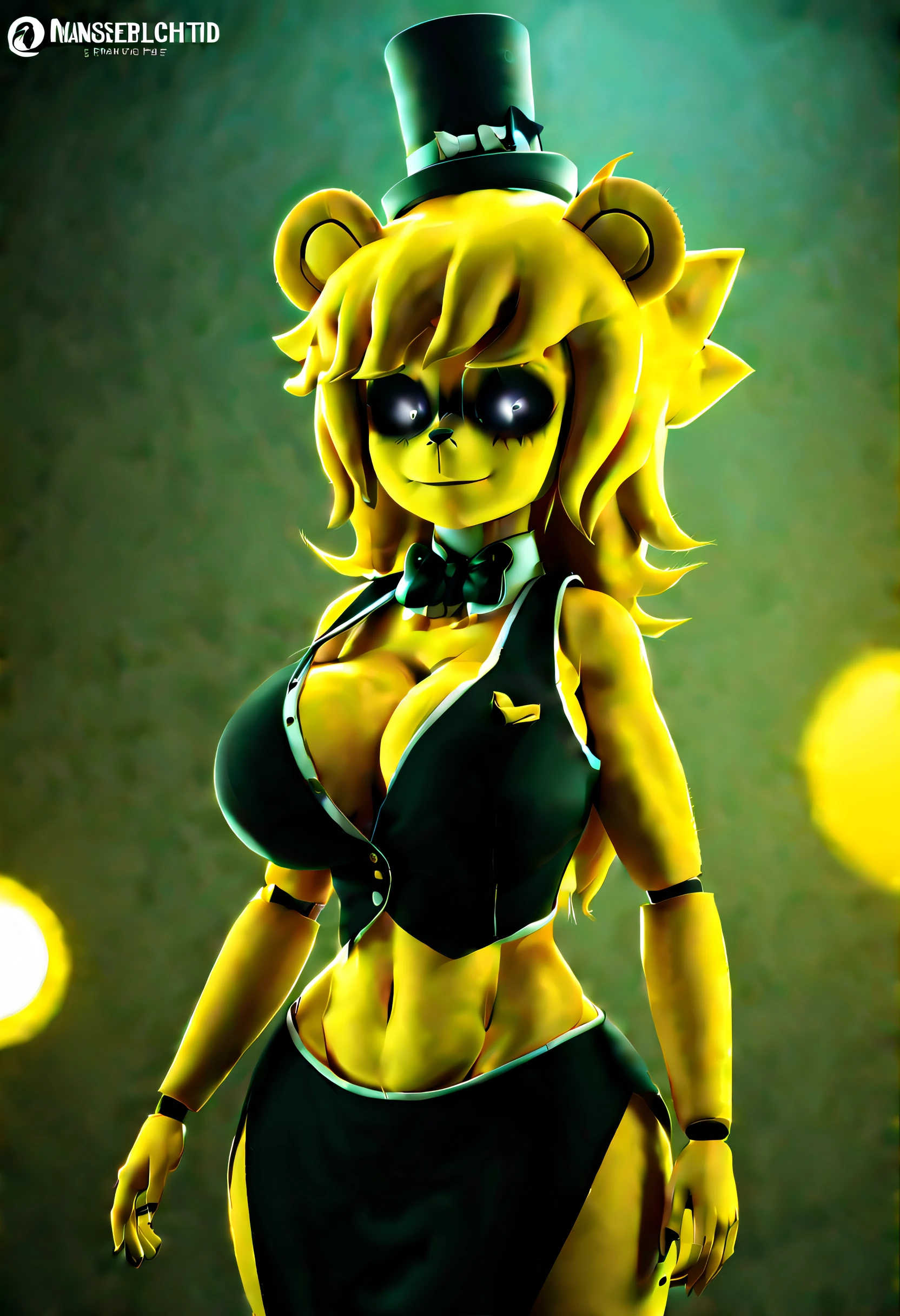 (best quality, masterpiece1.2), 1girl, solo, human, 3d render, cally3d, (type 0), yellow body, bandaged ear, top hat, bear ears, woman, blonde hair, yellow hair, tank top, cleavage, long skirt, smirk, (long hair:1.5), black eyes, no pupils, sexy, detailed, extreme detail, perfect lighting, 4k, perfect image, perfect detail,