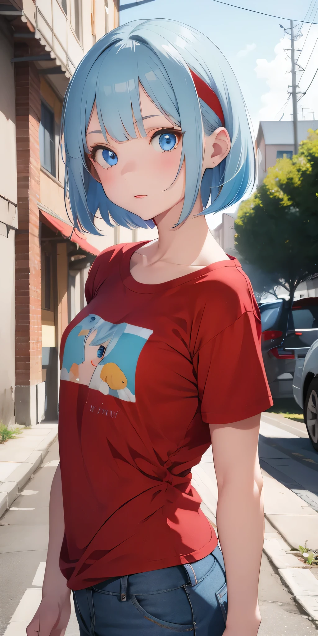 1girl, pale skin color, bob haircut, light blue hair, blue eyes, red Headband, wearing red t-shirt, wearing blue jean