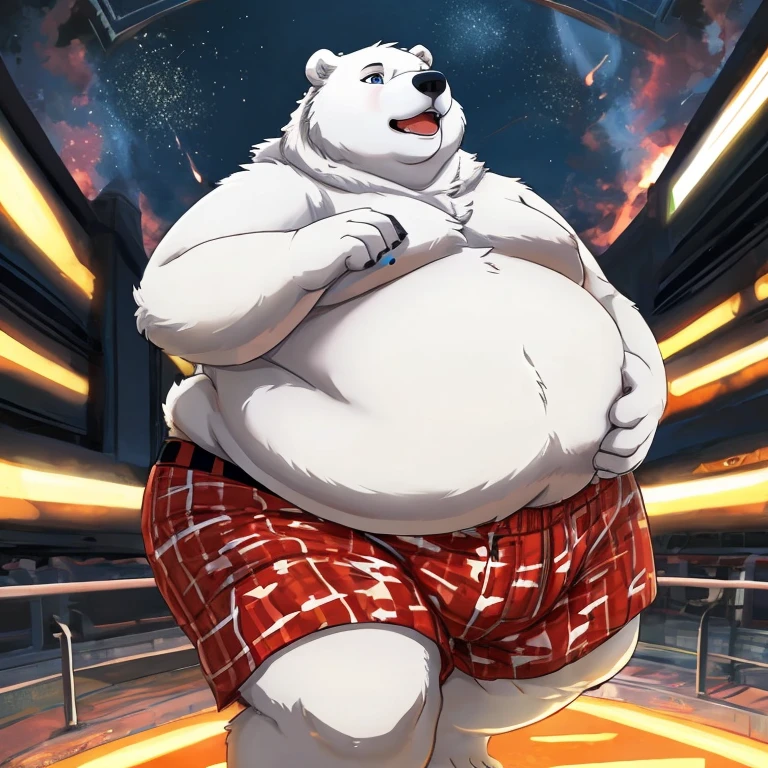 Obese, Overweight male, anthro, polar bear), facial scar, fluffy, hairy, red eyes, (by dramamine:1.4), tavern setting, drinking, drunk, happy, barstool, bar, bulge, BREAK
(detailed background), (high detail:1.2), film photography, RAW candid cinema, realistic, analog style, best quality, ultra realistic, 8k