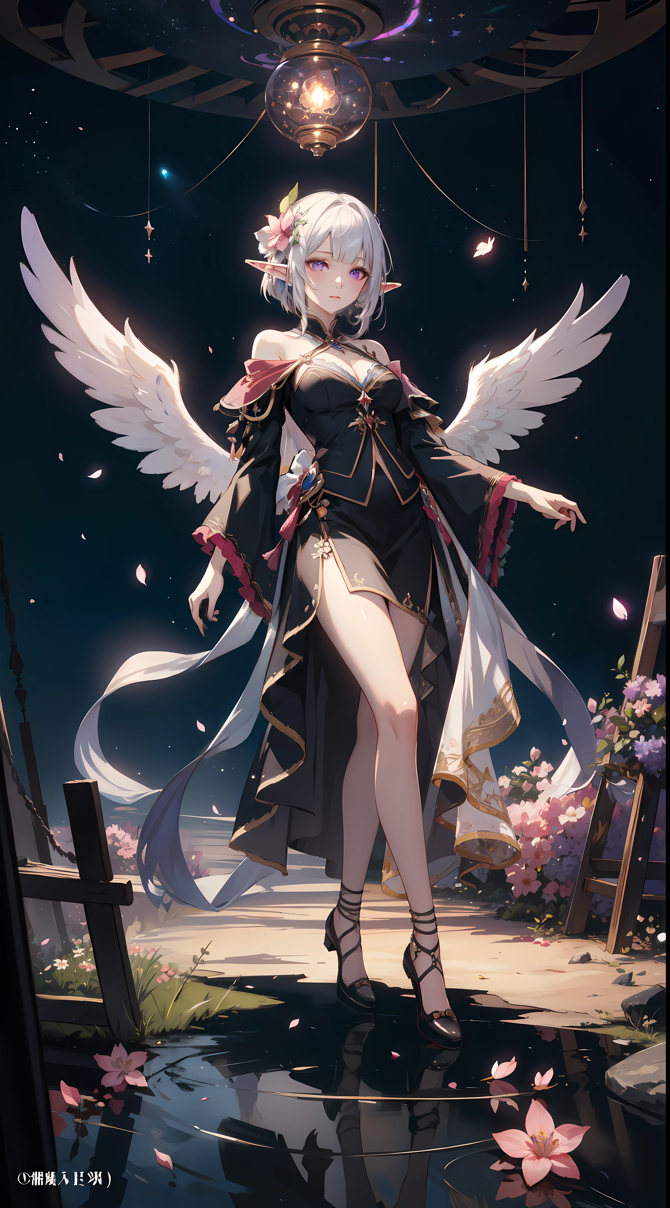 ((masterpiece, best quality)), official art, unity 8k wallpaper, ultra detailed, In a realm of enchantment, within a magical forest, A mysterious angel elf girl appears, a radiant being adorned in gossamer threads of moonlight. Her skirt, woven from petals and stardust, shimmers with an iridescent glow, reflecting the celestial canopy above. Flowering trees々As she flutters her wings in the midst of sparkling fireflies, the air resonates with the ethereal symphony of nature's whispers, Creating a place where dreams and reality are intertwined,Dances that form pure charm,Mo size,Full body photo,中景 the scene is the most beautiful form of chaos, elegant, a brutalist designed, vivid colours, romanticism, by Artgerm, Wadim kashin, Kawacy, BREAK, highly detailed of (elf), (1girl), perfect face,details eye, straight hair, Blunt bangs, (hair between eye), white hair, violet eyes, BREAK, eyelashes, eyeshadow, pink eyeshadow,