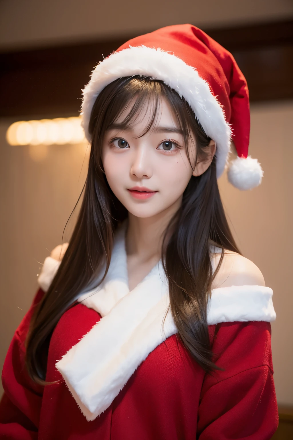 (best qualtiy,8K,tmasterpiece:1.3)A cute and adorable Korean girl,Wearing red christmas hat,Her eyes sparkled,Her face is full of shyness,his face is happy。