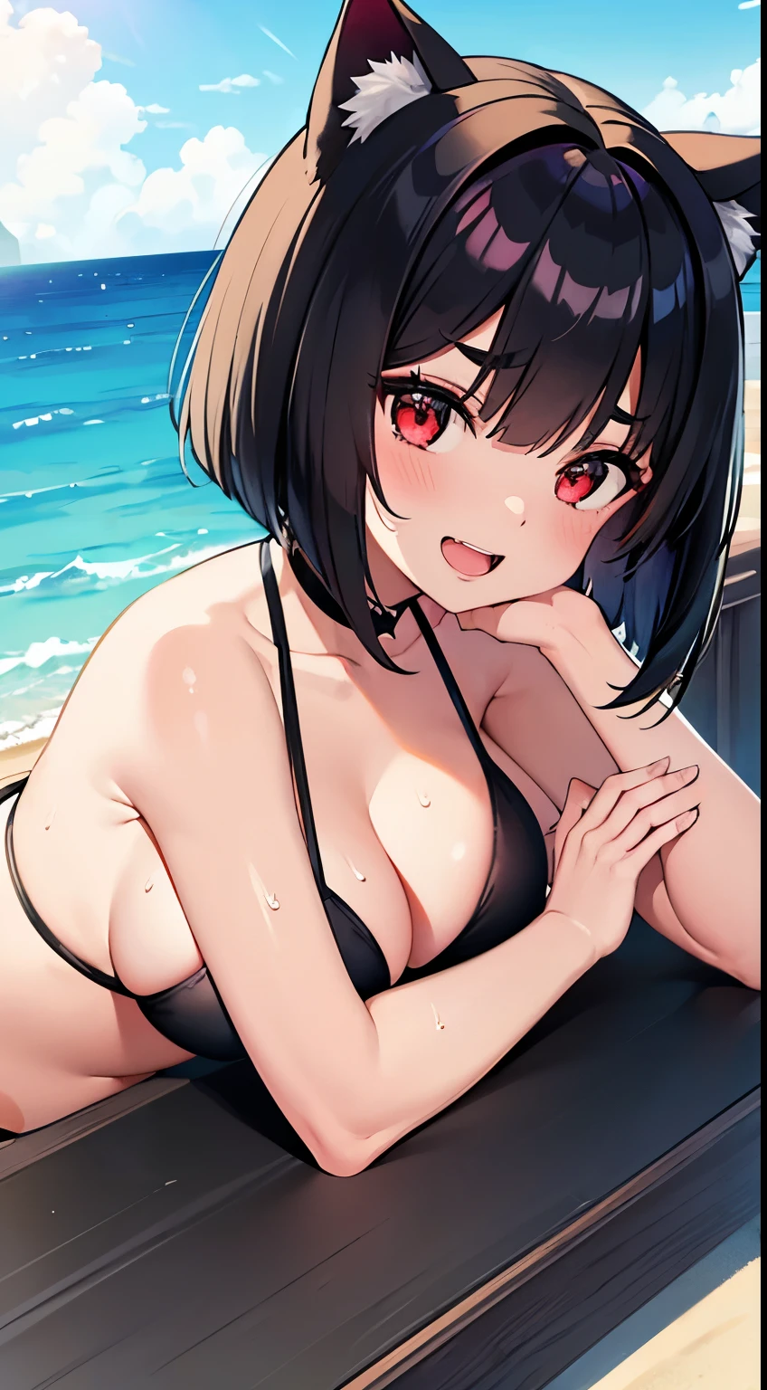 Woman with amazing big breasts and cat ears, Black Bob Cut, a smile, Open mouth, red eyes and eyebrows, Sunny beach, Mass sweat, Shiny skin, Looking down, Fancy Bikini, Looking here, Inner Stock, Laying on hands