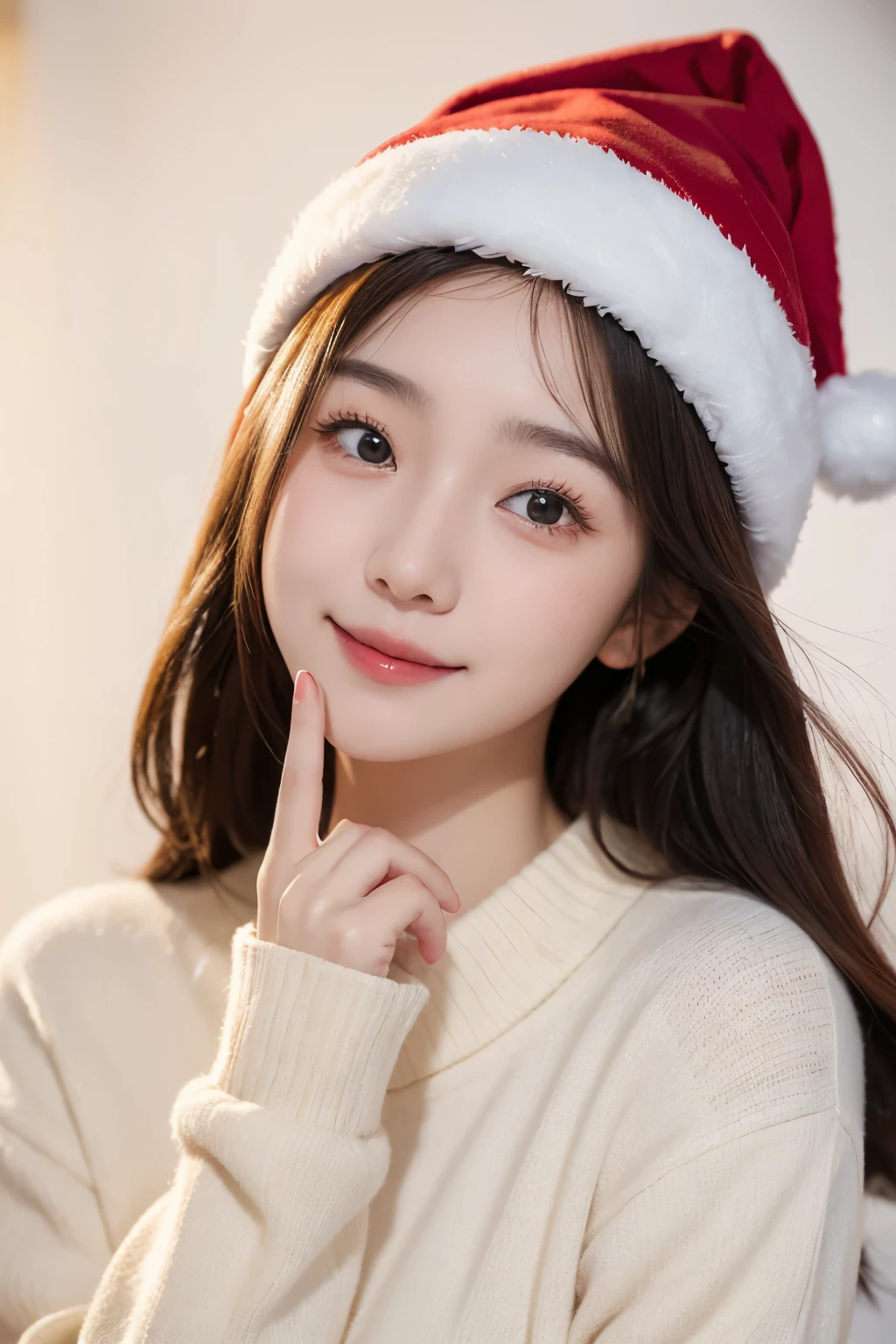 (best qualtiy,8K,tmasterpiece:1.3)A cute and adorable Korean girl,Wearing red christmas hat,Her eyes sparkled,Her face is full of shyness,his face is happy。