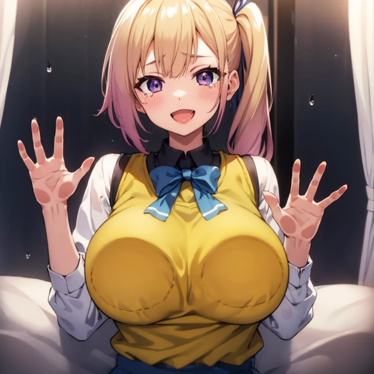 maikawakami, ( hands up hugging pose:1.5, smiling, tears, happy, opening mouth small , tongue, gigantic huge breasts, white water drops on wet breasts, breasts on glass, ultra close distance upper body shot:1.2), mai kawakami, blonde hair, hair ribbon, long hair, mole, mole under eye, ribbon, side ponytail, (purple eyes:1.2),
BREAK school uniform, skirt, vest, yellow vest, buruma,
BREAK indoors, bed,
BREAK looking at viewer,
BREAK (masterpiece:1.2), best quality, high resolution, unity 8k wallpaper, (illustration:0.8), (beautiful detailed eyes:1.6), extremely detailed face, perfect lighting, extremely detailed CG, (perfect hands, perfect anatomy),