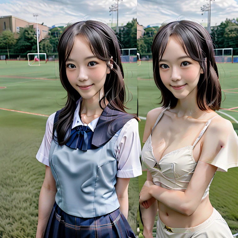 neat college girl, ite person, (school uniform, summer uniform, short sleeve), outside the athletic field, (slim), photorealistic, detail, skin texture, ultra detail, delicate sexy collarbone, smile, super detailed face, detailed lips, detailed eyes, double eyelids, breast enhancement