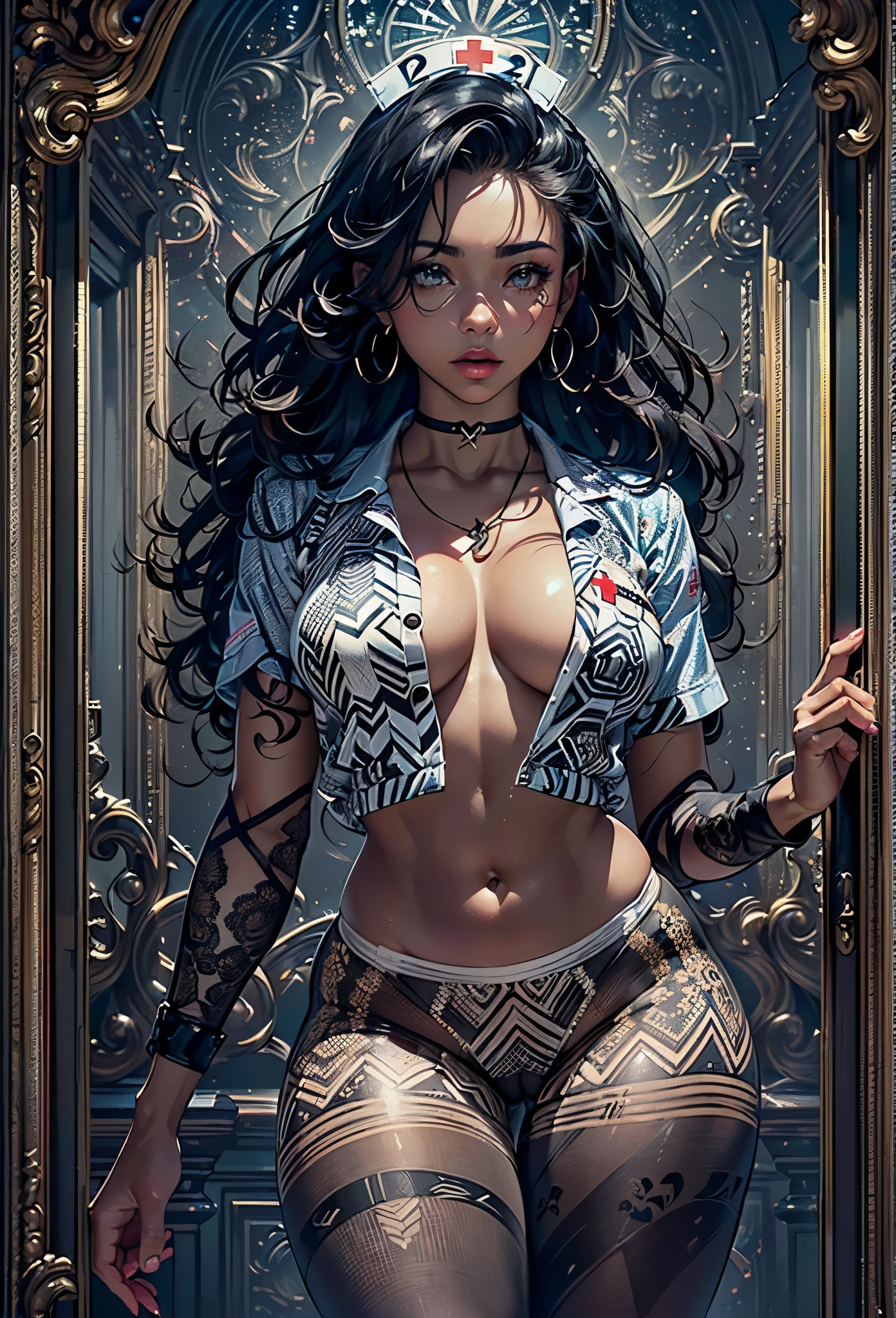 ((21-year-old))) black girl, (((light skin))), (((close-up full body pose))), (((long curly black hair))), (((patterned pantyhose))), (((wearing nurse outfit mostly unbuttoned))), dark fantasy art, Rich, Deep Colours, (intricate details:0.9), (HDR, hyper-detailing:1.2), (natural skin textures, hyper realisitc, glistening skin, soft light, Sharp),
