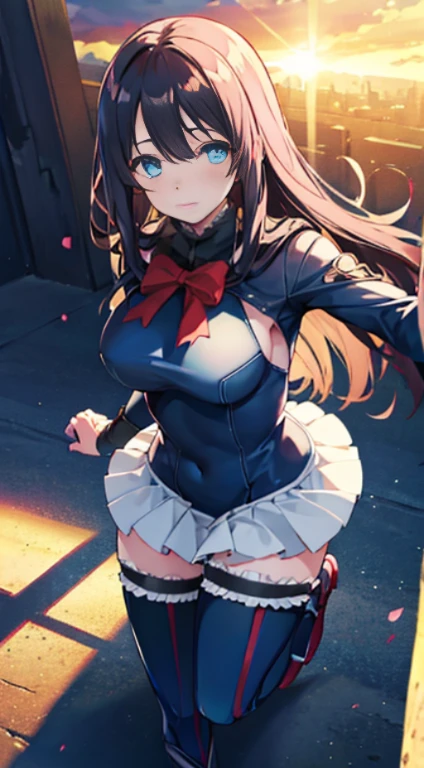 masutepiece, Best Quality, One leg raised and stomping pose，show the soles of the boots，leotard，highleg, Elegant, 1girl in, thigh high boots, well-muscled，Cute, blushed, Looking at Viewer, From  above,, Mini skirt, White and black striped T-shirt, Blue eyes, Beautiful eyes, Beautiful background, light Particle, Sun rays, Dramatic Lighting, Outside, shiny, Realistic, masutepiece, Best Quality, Ultra-detailed, Detailed, Scenery, Beautiful detailed eyes, detailed hairs