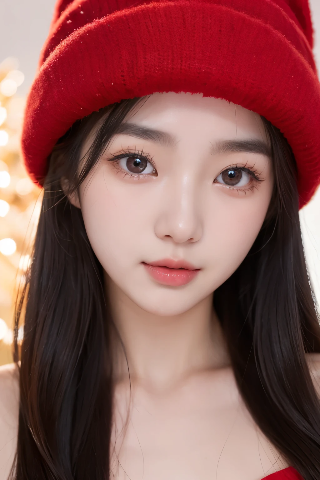 （best qualtiy，8K，tmasterpiece：1.3）A cute and adorable Korean girl，Wearing red christmas hat，Her eyes sparkled，Delicate double eyelids，Long eyelashes，Her face is full of shyness，her face is happy。