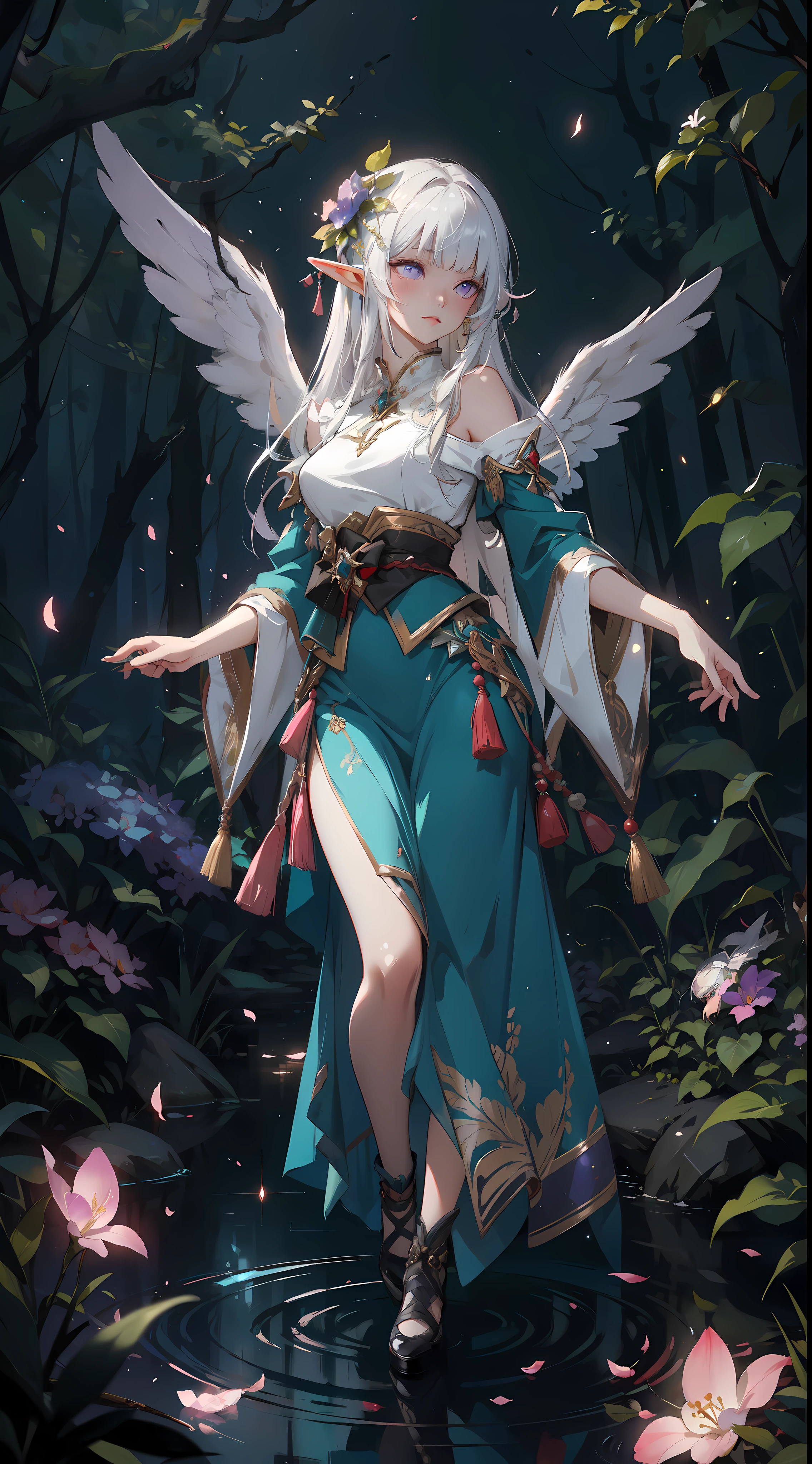 ((masterpiece, best quality)), official art, unity 8k wallpaper, ultra detailed, In a realm of enchantment, within a magical forest, A mysterious angel elf girl appears, a radiant being adorned in gossamer threads of moonlight. Her skirt, woven from petals and stardust, shimmers with an iridescent glow, reflecting the celestial canopy above. Flowering trees々As she flutters her wings in the midst of sparkling fireflies, the air resonates with the ethereal symphony of nature's whispers, Creating a place where dreams and reality are intertwined,Dances that form pure charm,Mo size,Full body photo,中景 the scene is the most beautiful form of chaos, elegant, a brutalist designed, vivid colours, romanticism, by Artgerm, Wadim kashin, Kawacy, BREAK, highly detailed of (elf), (1girl), perfect face,details eye, straight hair, Blunt bangs, (hair between eye), white hair, violet eyes, BREAK, eyelashes, eyeshadow, pink eyeshadow,