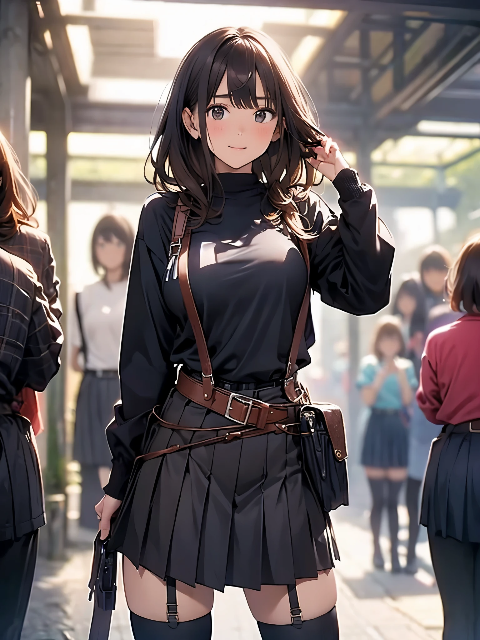 Brown hair、watching at viewers black suspenders Bulging big breasts walls: Black miniskirt garters Gaze Small face bangss holster Beautuful Women hands up レッグholster ベッドに横たわる Gaze 黒いブーツ Panchira provocation soio arm In the car Fold your hands behind your back belt dark face Panchira